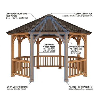 Outdoor Gazebo Designed for Year-Round Use, 12 Ft Octagon Cedar Frame, Metal Hardtop Roof, 36 In Guard Rail — How It Works