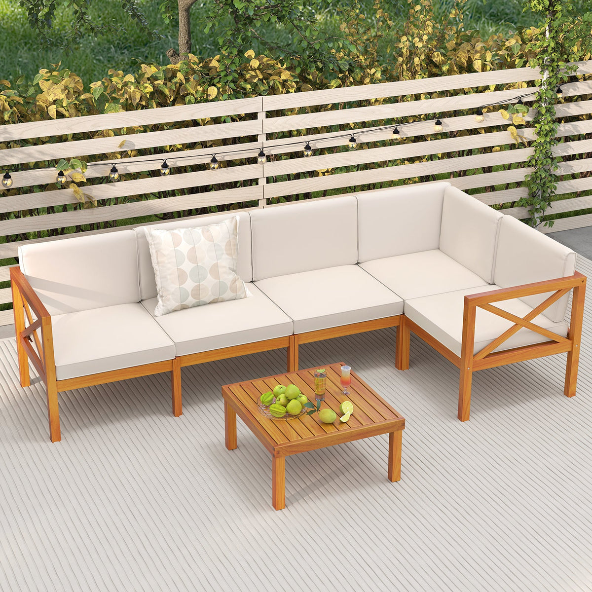 6-Piece Acacia Wood Outdoor Sectional Set with Cushions