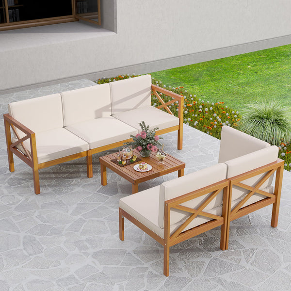 6-Piece Acacia Wood Outdoor Sectional Set with Cushions