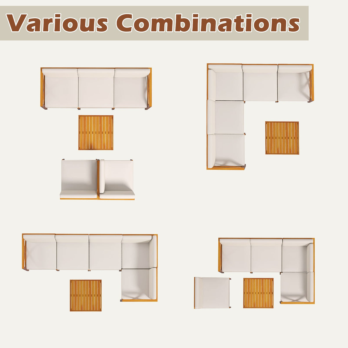 6-Piece Acacia Wood Outdoor Sectional Set with Cushions