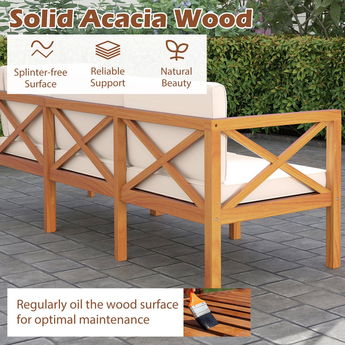 6-Piece Acacia Wood Outdoor Sectional Set with Cushions
