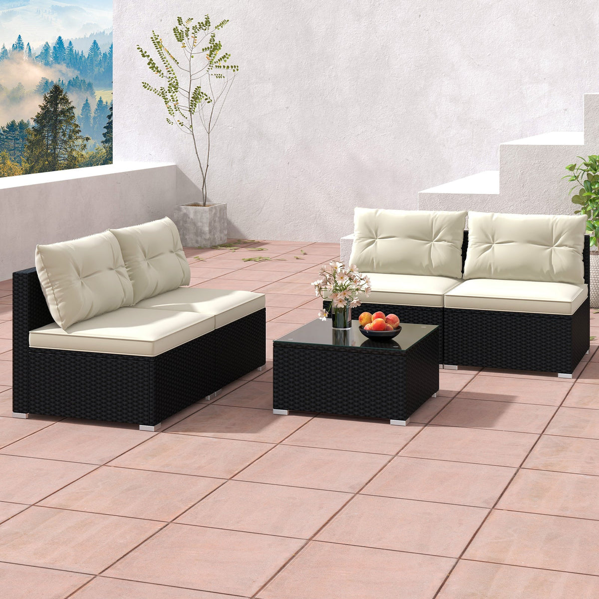 5-Piece Black Wicker Patio Furniture Set with Cushions