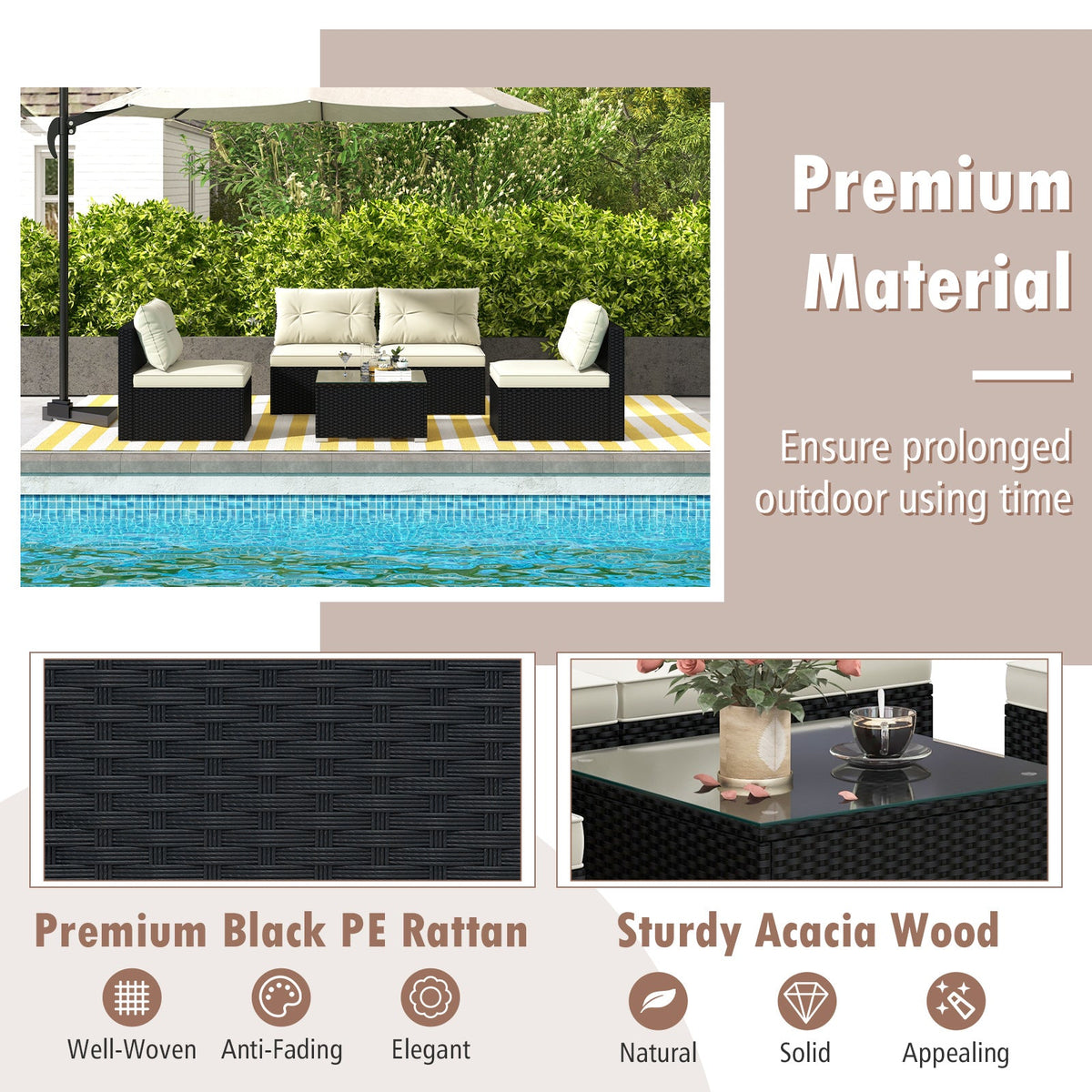 5-Piece Black Wicker Patio Furniture Set with Cushions