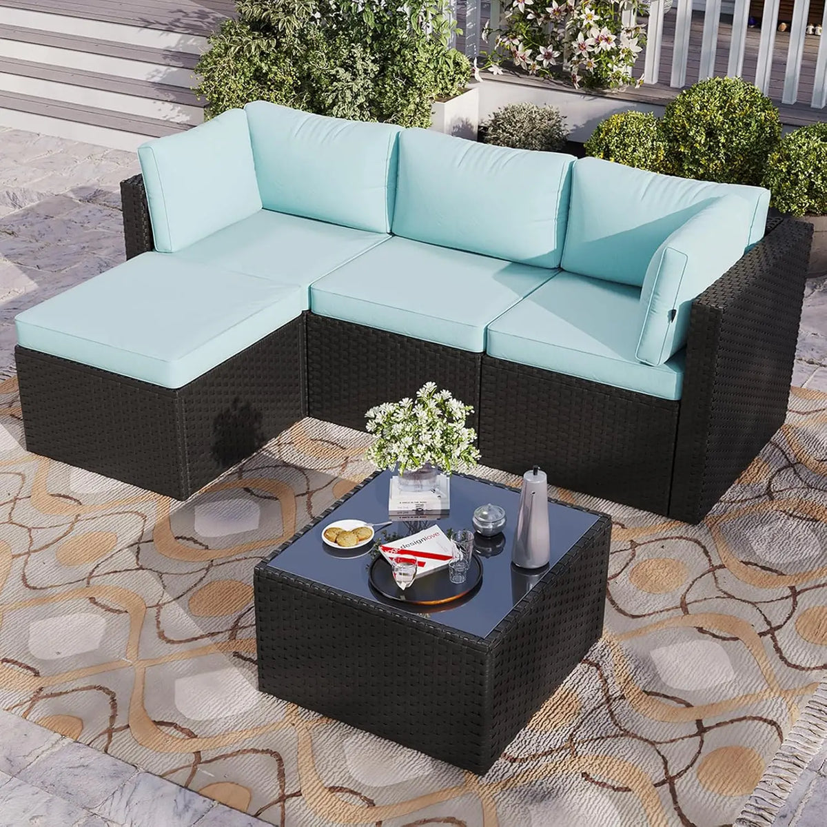 5-Piece Outdoor L-Shaped PE Wicker Sectional Sofa Set