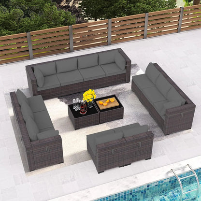 14-Piece Outdoor PE Rattan Sectional Sofa Set with Glass Table