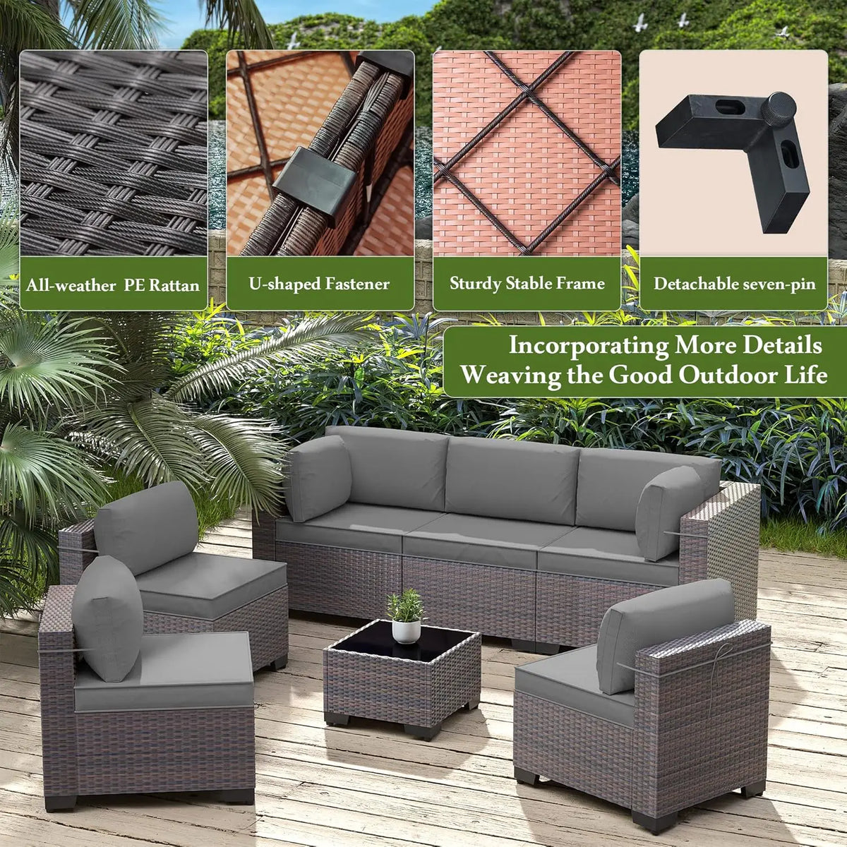 14-Piece Outdoor PE Rattan Sectional Sofa Set with Glass Table