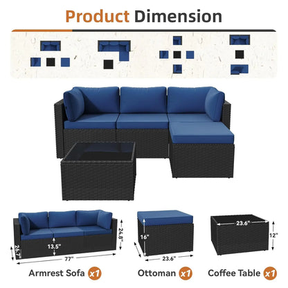5-Piece Outdoor L-Shaped PE Wicker Sectional Sofa Set