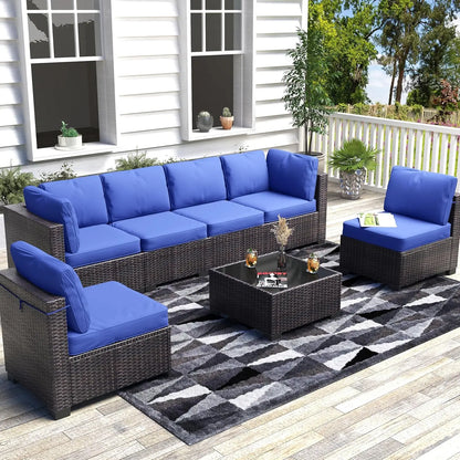 7-Piece PE Rattan Outdoor Conversation Set with Glass Table