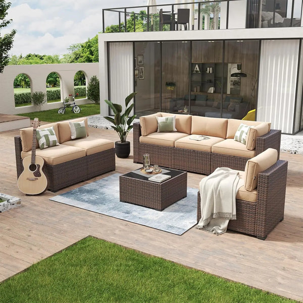 7-Piece Outdoor Wicker Sectional Sofa Set with Coffee Table