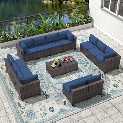 14-Piece Outdoor PE Rattan Sectional Sofa Set with Glass Table