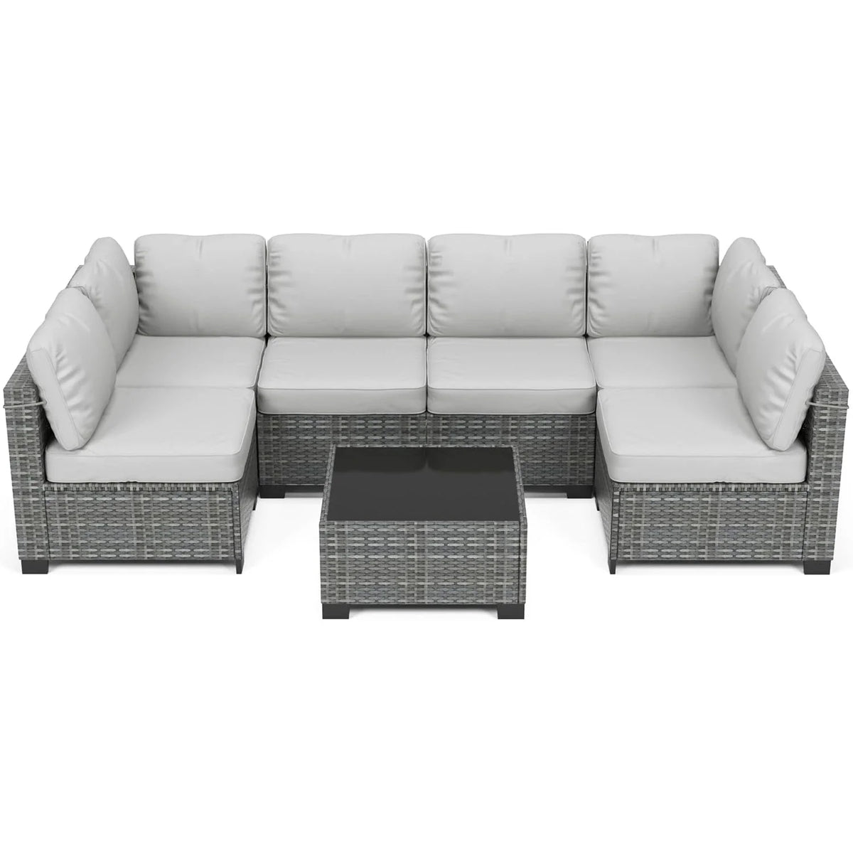 7-Piece PE Rattan Outdoor Conversation Set with Glass Table