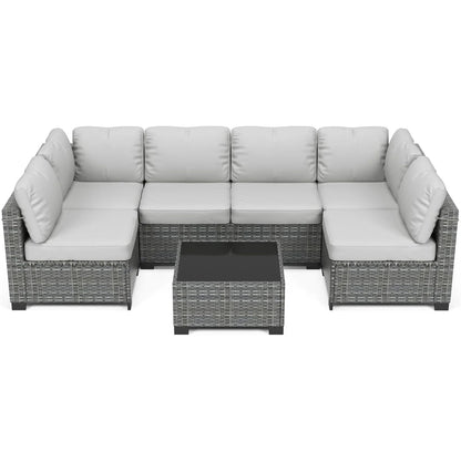 7-Piece PE Rattan Outdoor Conversation Set with Glass Table