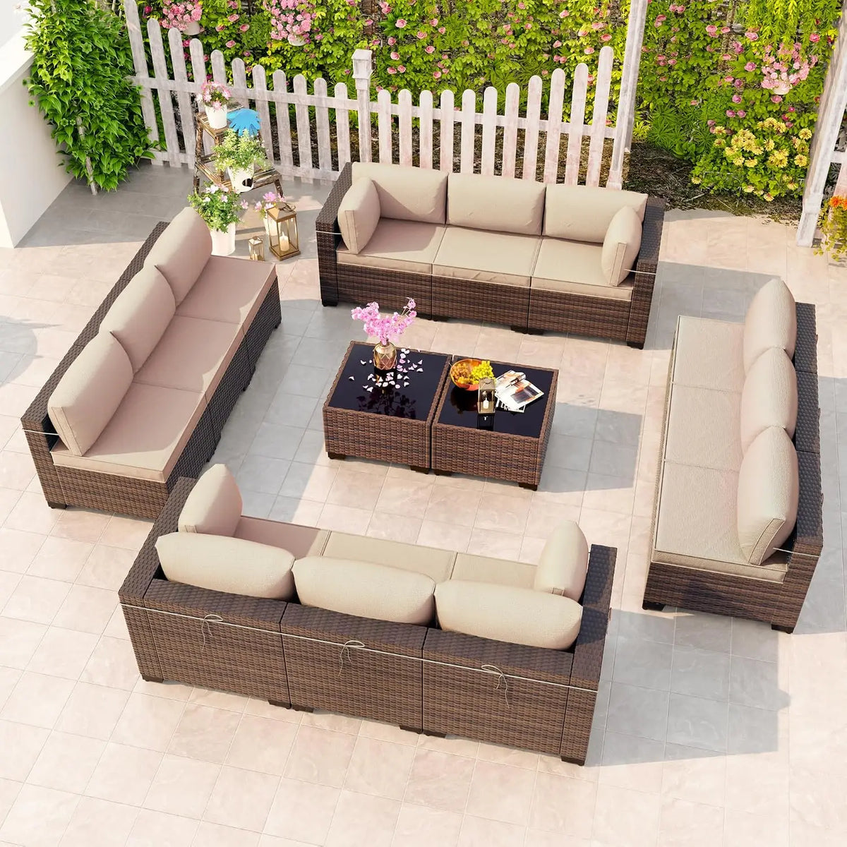 12-Piece Outdoor Wicker Sectional Sofa Set with Coffee Tables