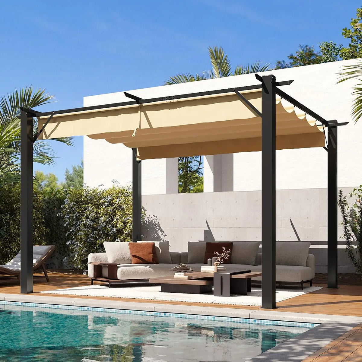 10x12 ft Retractable Outdoor Pergola with Adjustable Sun Shade