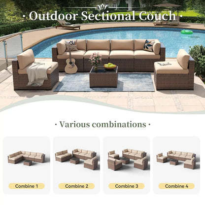 7-Piece Outdoor Wicker Sectional Sofa Set with Coffee Table