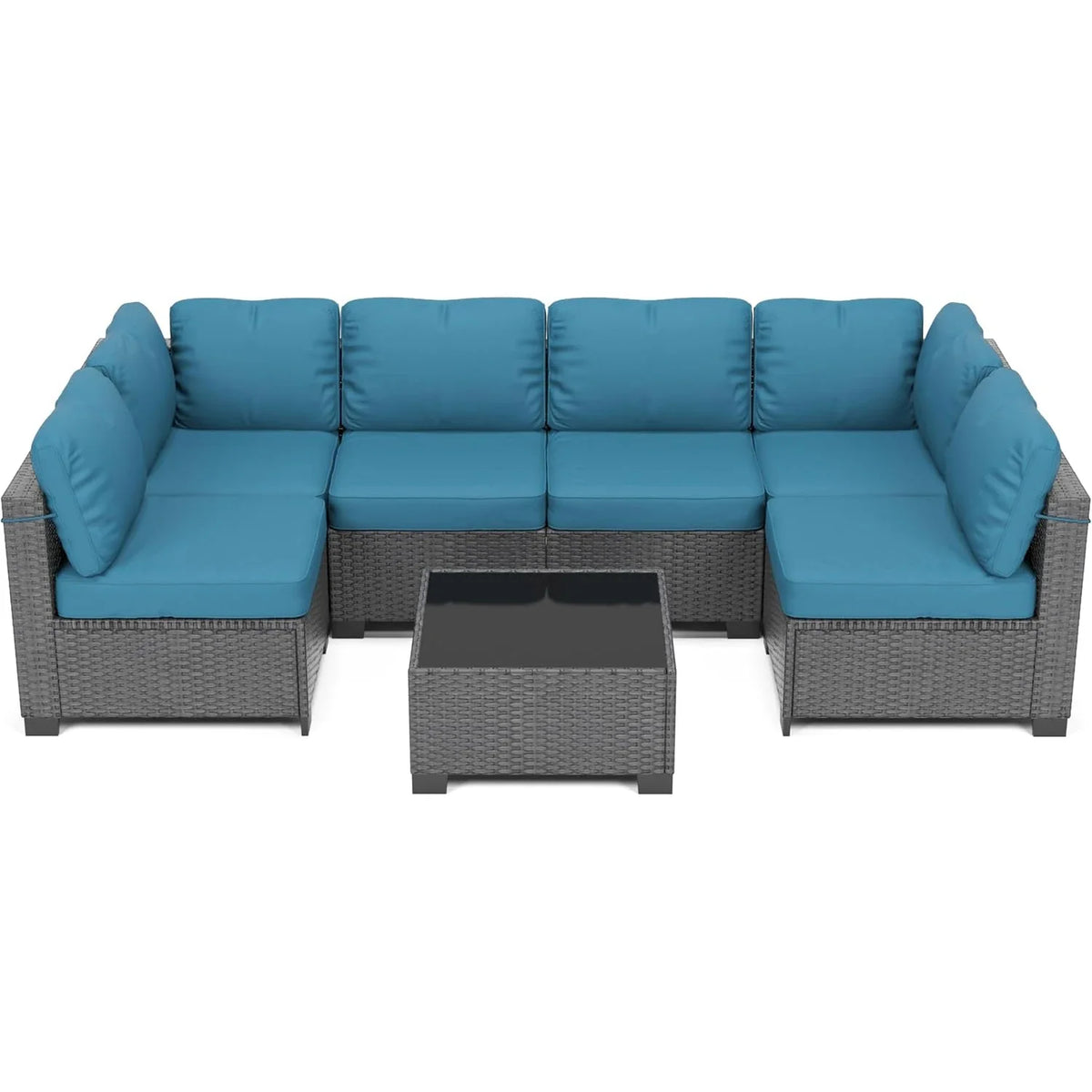 7-Piece PE Rattan Outdoor Conversation Set with Glass Table