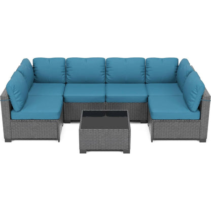 7-Piece PE Rattan Outdoor Conversation Set with Glass Table