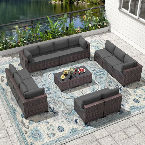 14-Piece Outdoor PE Rattan Sectional Sofa Set with Glass Table
