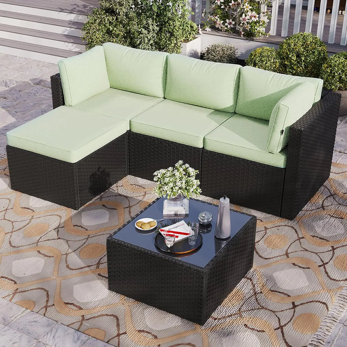 5-Piece Outdoor L-Shaped PE Wicker Sectional Sofa Set