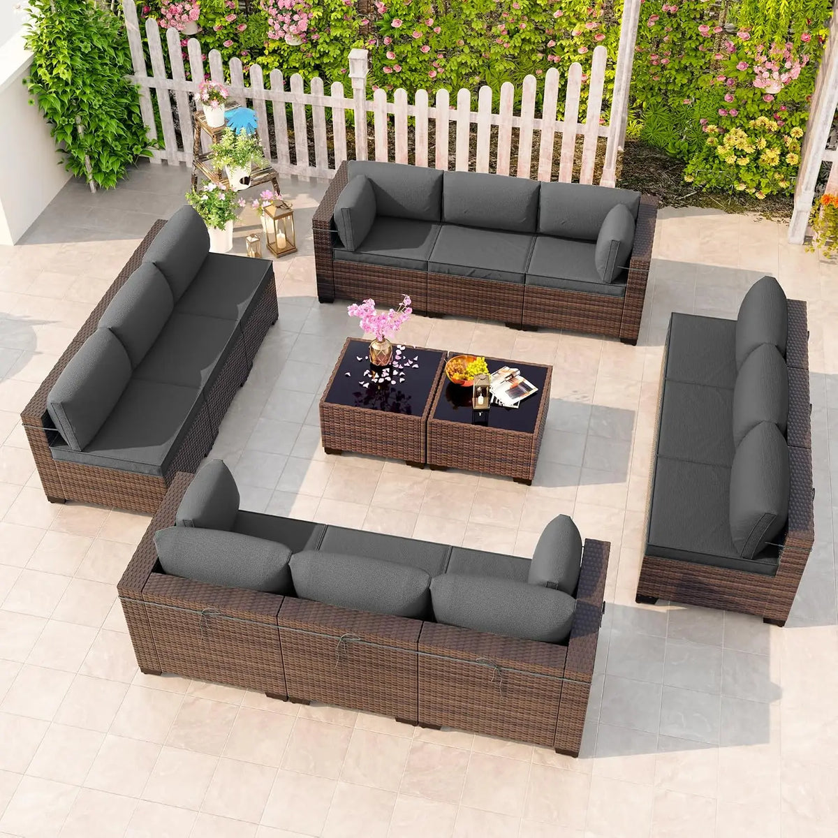 12-Piece Outdoor Wicker Sectional Sofa Set with Coffee Tables
