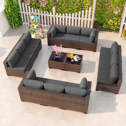 12-Piece Outdoor Wicker Sectional Sofa Set with Coffee Tables