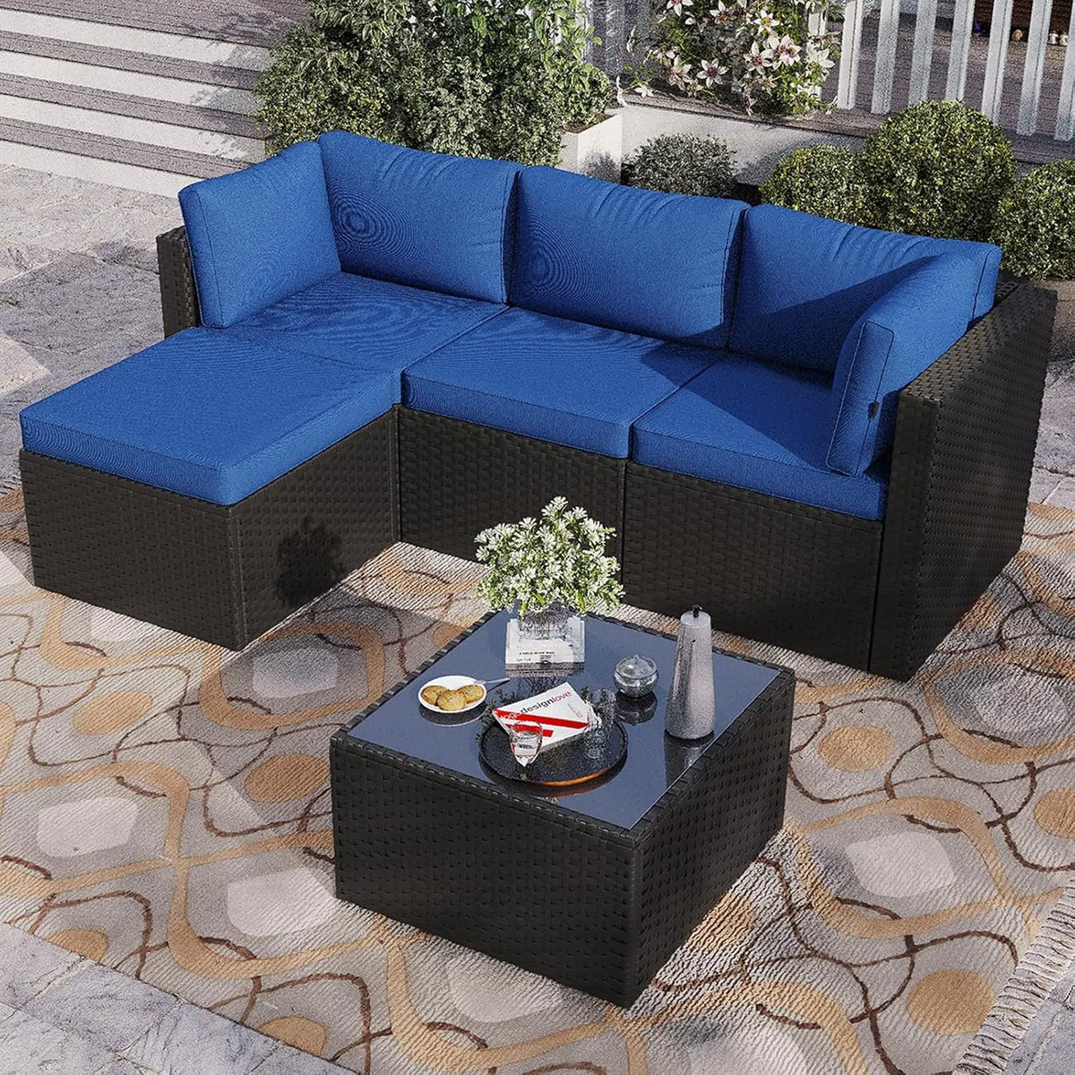 5-Piece Outdoor L-Shaped PE Wicker Sectional Sofa Set