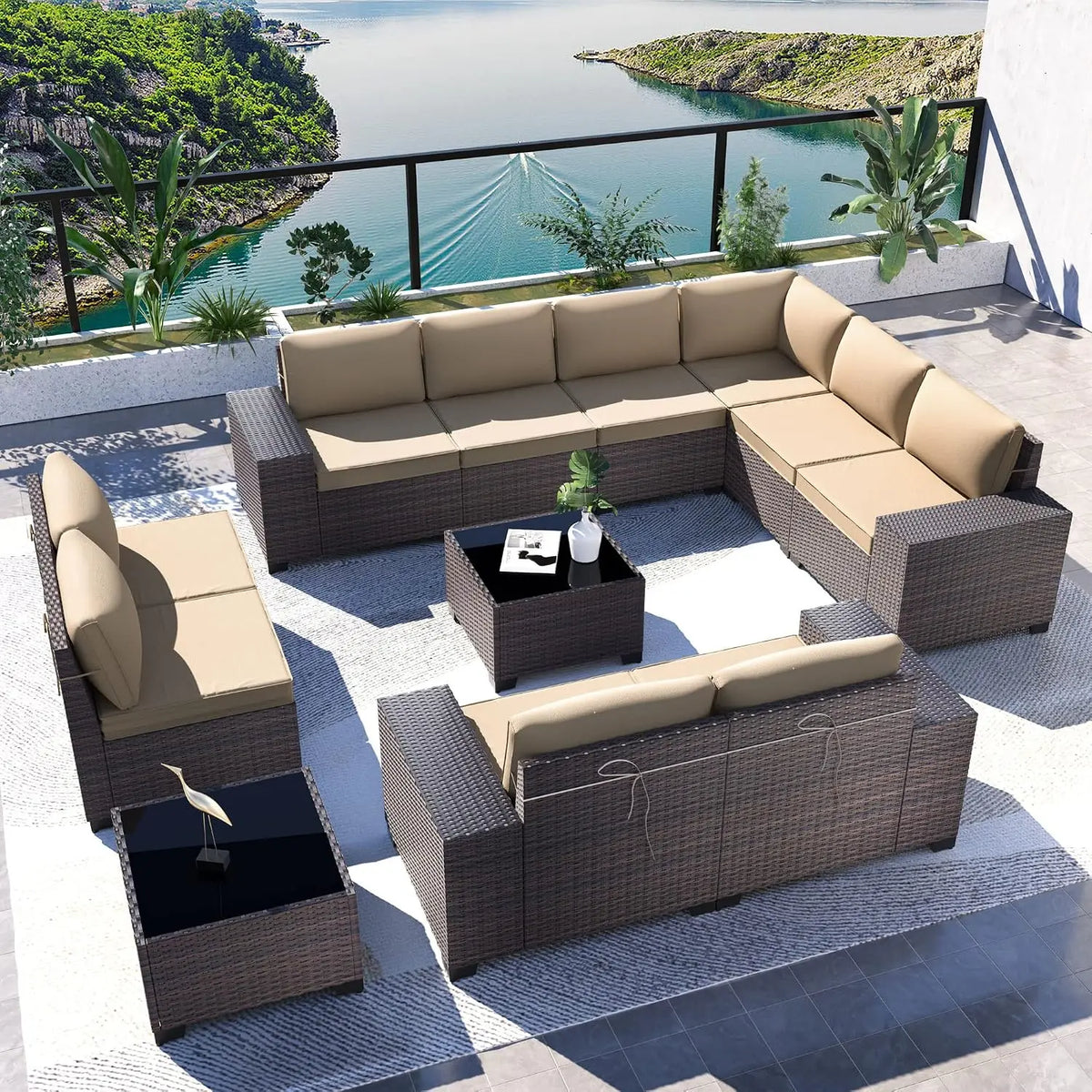 12-Piece Outdoor Wicker Sectional Sofa Set with Coffee Tables