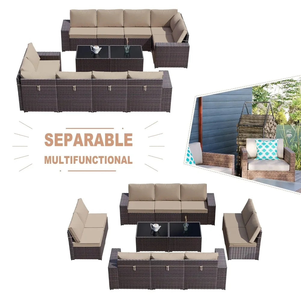 12-Piece Outdoor Wicker Sectional Sofa Set with Coffee Tables