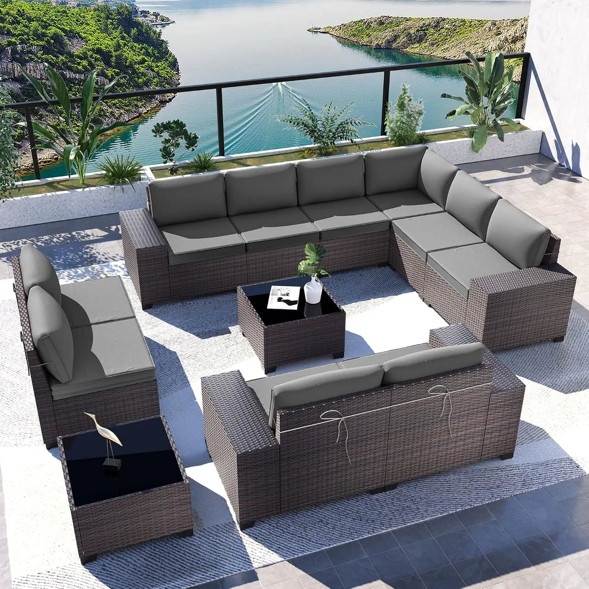 12-Piece Outdoor Wicker Sectional Sofa Set with Coffee Tables