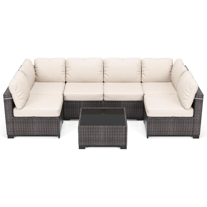7-Piece PE Rattan Outdoor Conversation Set with Glass Table