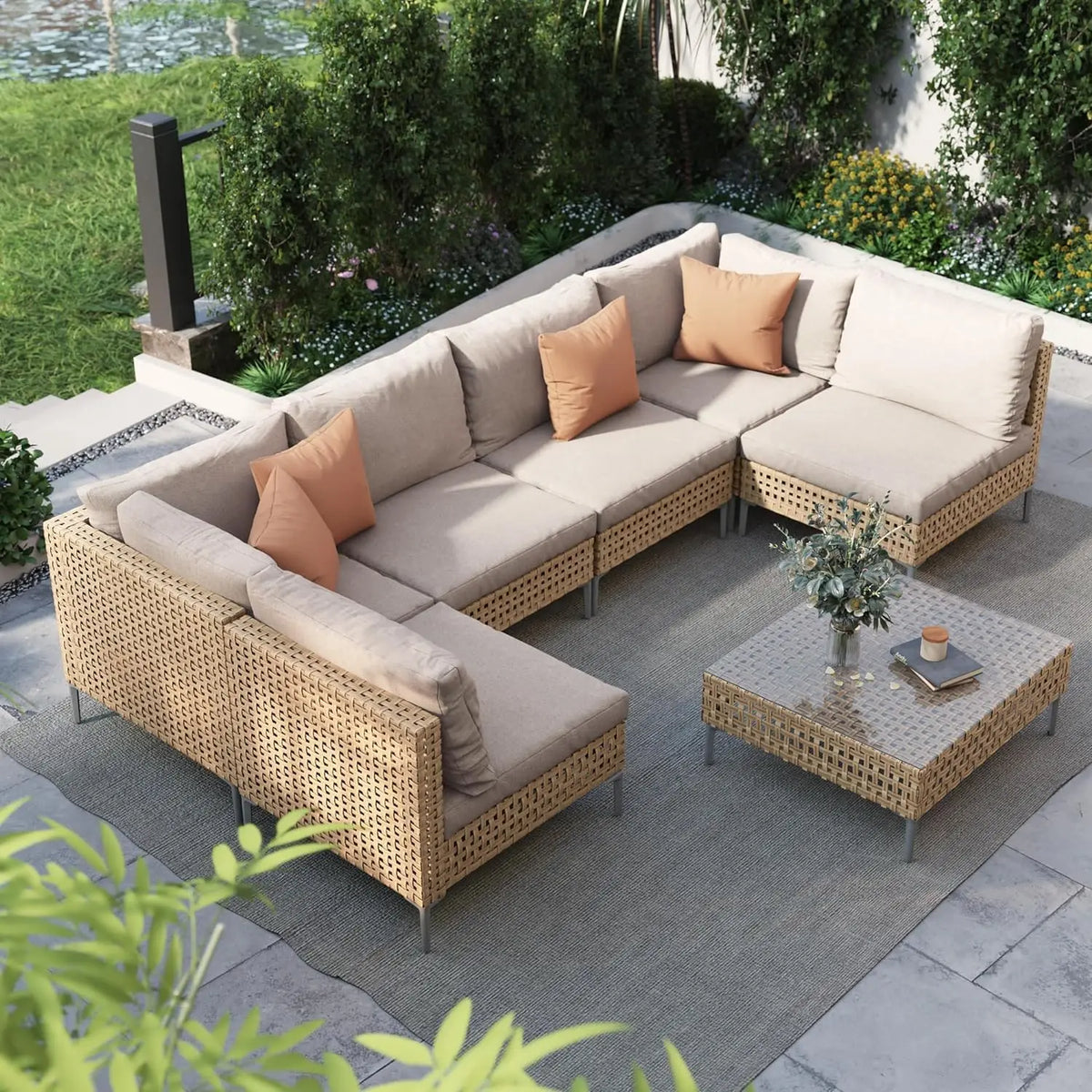 7-Piece Outdoor Wicker Sectional Sofa Set with Glass Table