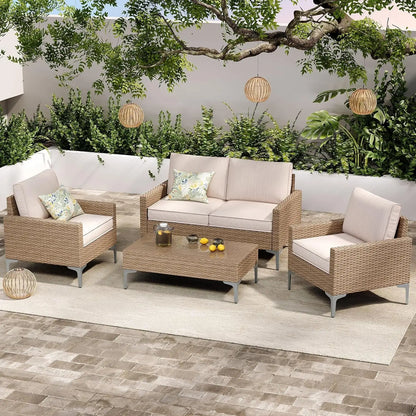4-Piece PE Wicker Outdoor Sectional Sofa Set with Coffee Table