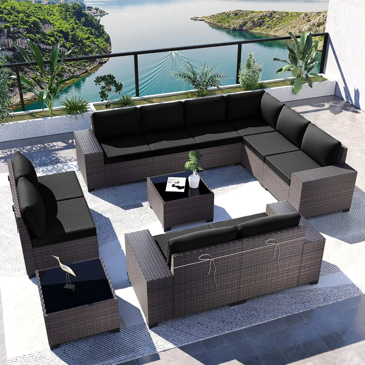 12-Piece Outdoor Wicker Sectional Sofa Set with Coffee Tables