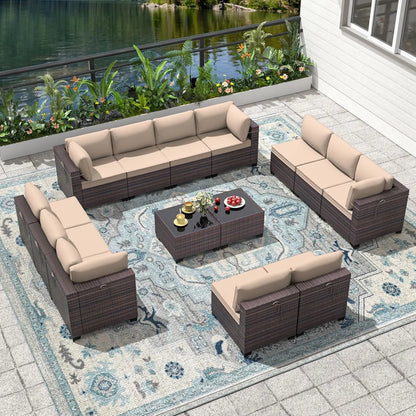 14-Piece Outdoor PE Rattan Sectional Sofa Set with Glass Table