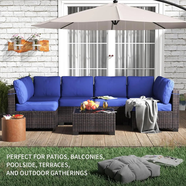 7-Piece PE Rattan Outdoor Conversation Set with Glass Table