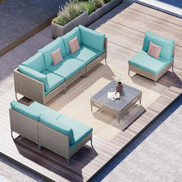 7-Piece Outdoor Wicker Sectional Sofa Set with Glass Table