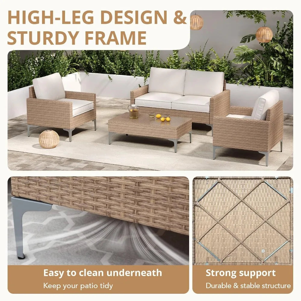 4-Piece PE Wicker Outdoor Sectional Sofa Set with Coffee Table
