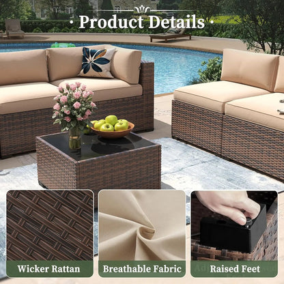 7-Piece Outdoor Wicker Sectional Sofa Set with Coffee Table