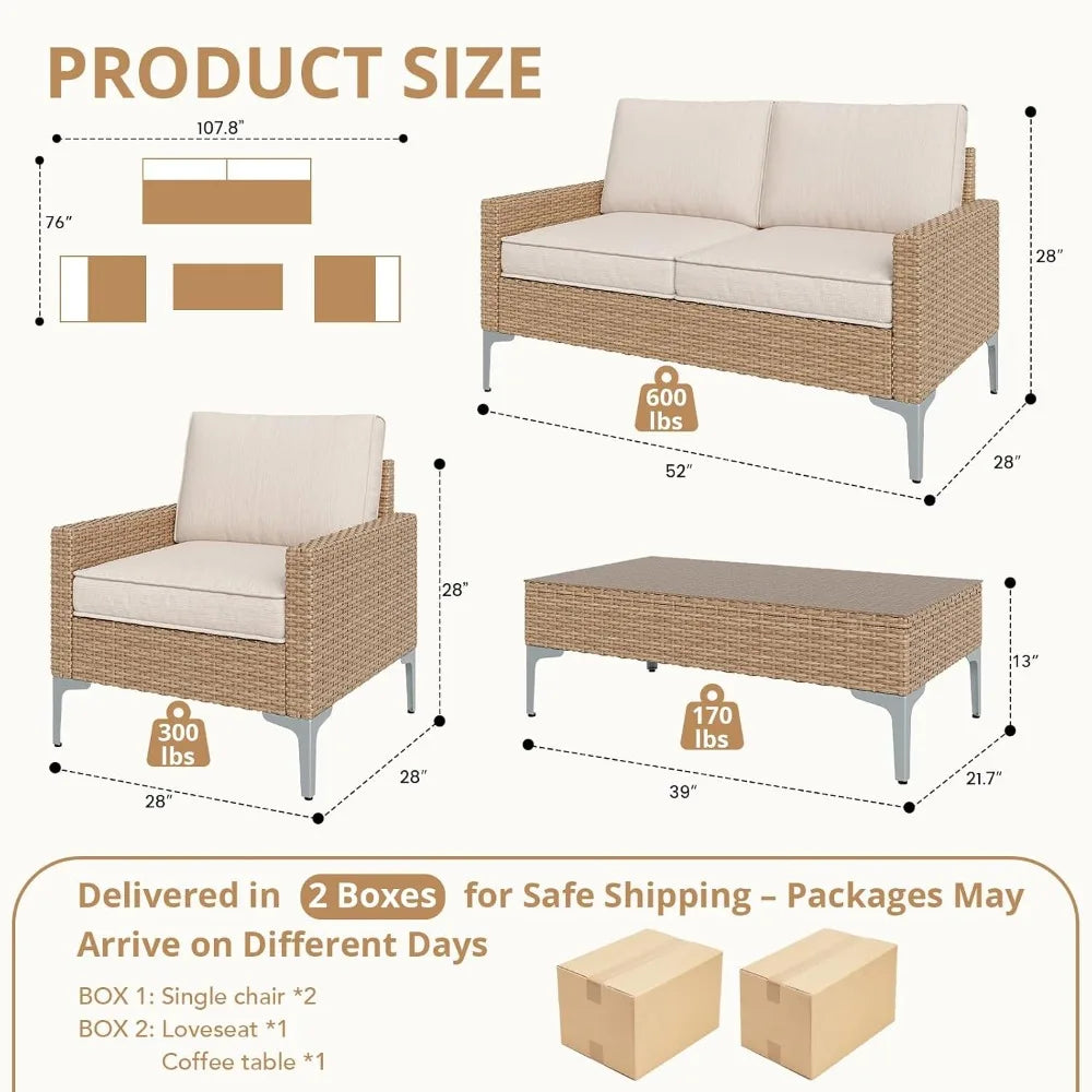 4-Piece PE Wicker Outdoor Sectional Sofa Set with Coffee Table