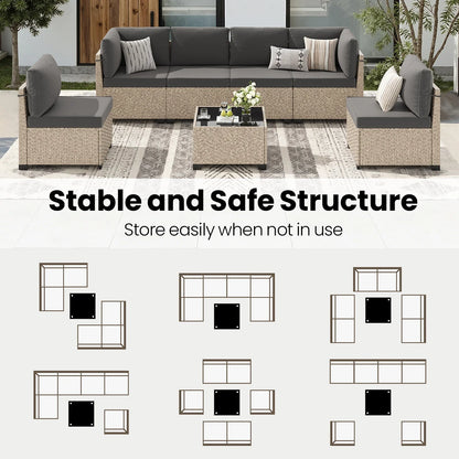 7-Piece Outdoor Rattan Sectional Set with Tempered Glass Table