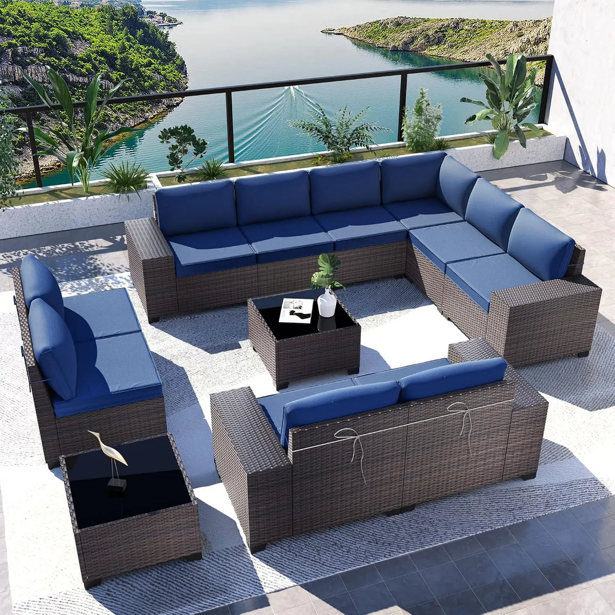 12-Piece Outdoor Wicker Sectional Sofa Set with Coffee Tables