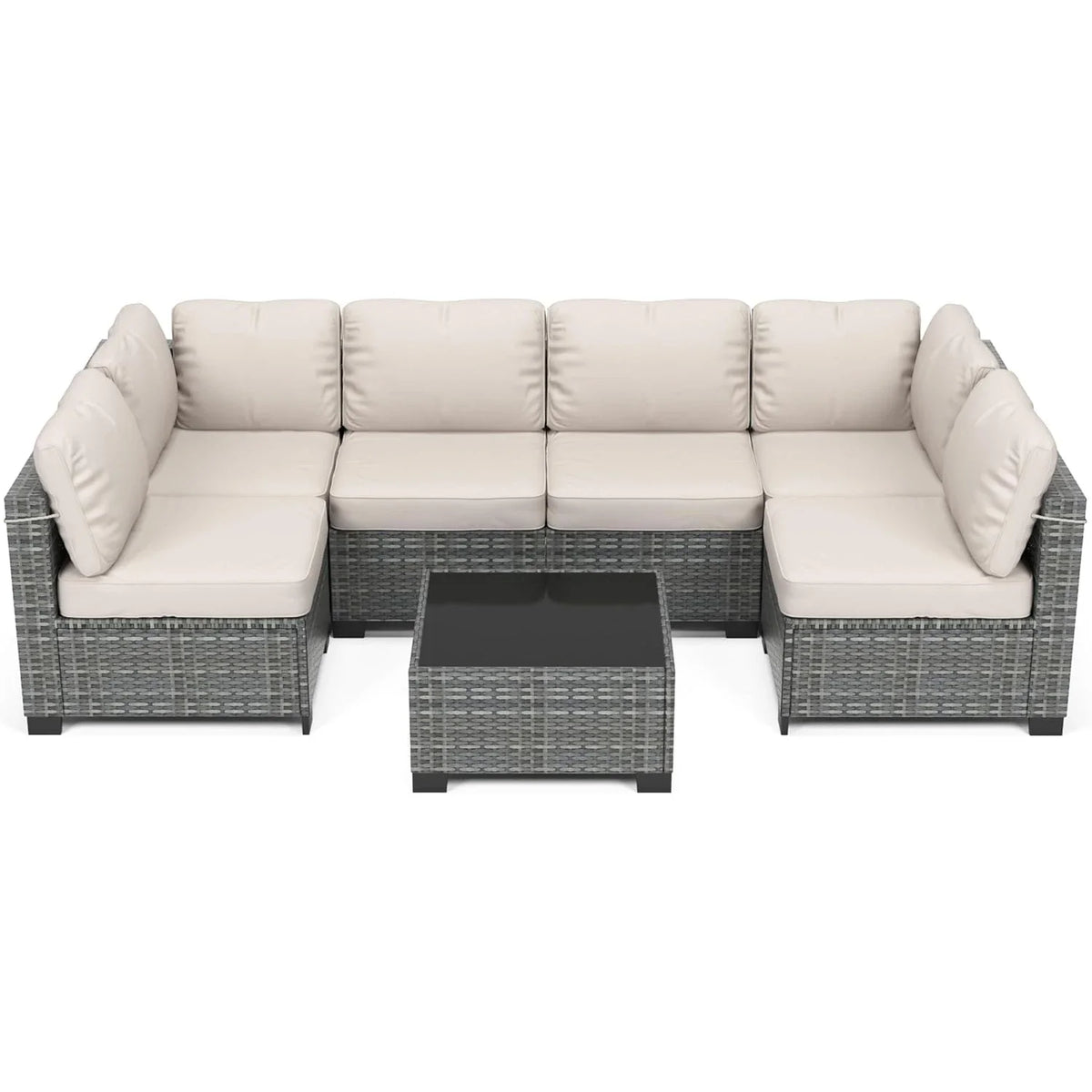7-Piece PE Rattan Outdoor Conversation Set with Glass Table