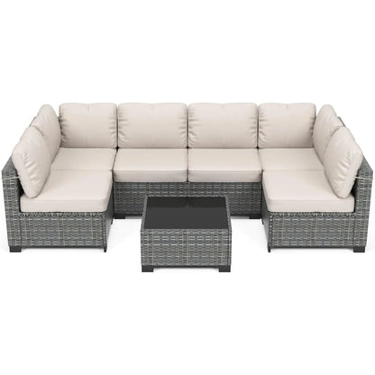 7-Piece PE Rattan Outdoor Conversation Set with Glass Table