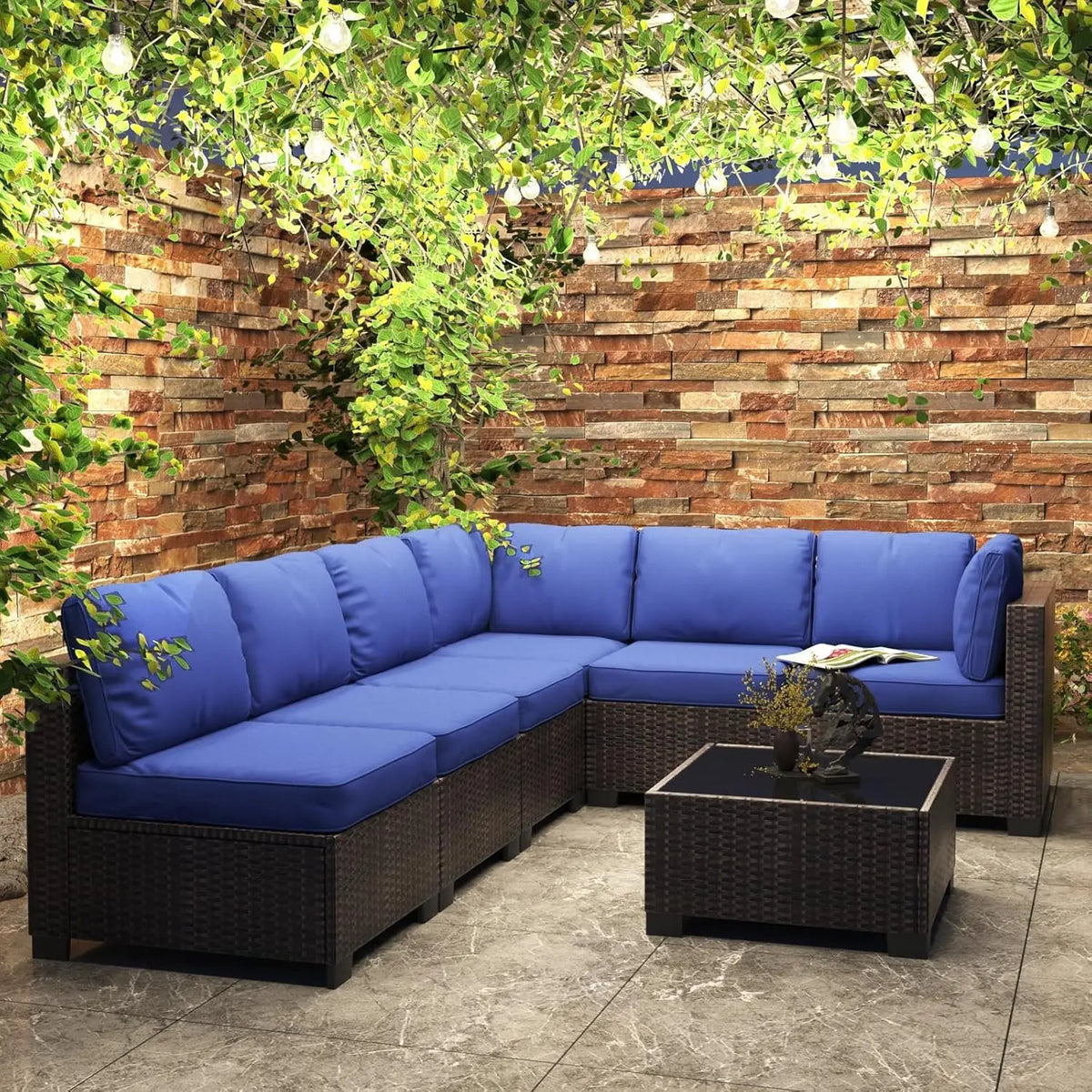 7-Piece PE Rattan Outdoor Conversation Set with Glass Table