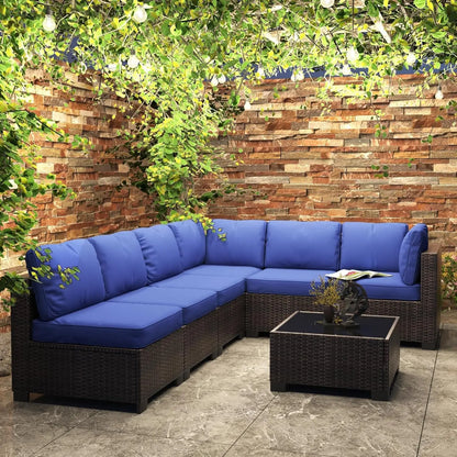7-Piece PE Rattan Outdoor Conversation Set with Glass Table