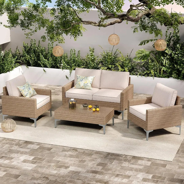4-Piece PE Wicker Outdoor Sectional Sofa Set with Coffee Table