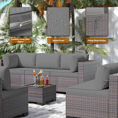14-Piece Outdoor PE Rattan Sectional Sofa Set with Glass Table