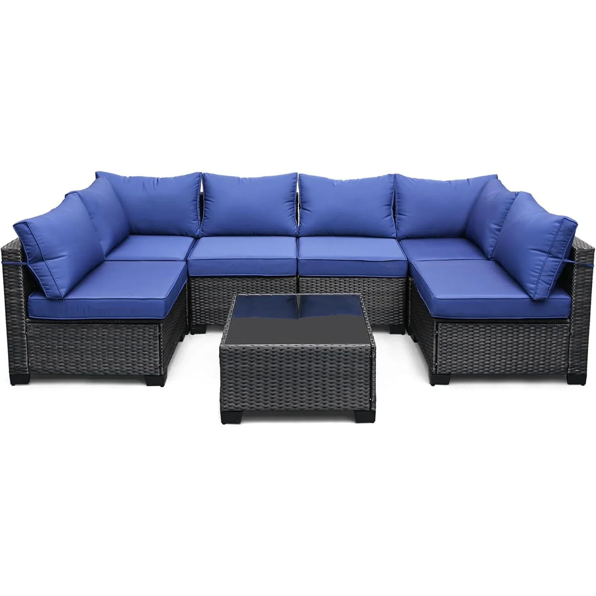 7-Piece PE Rattan Outdoor Conversation Set with Glass Table