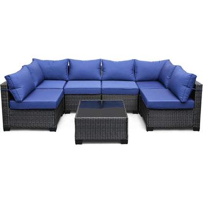7-Piece PE Rattan Outdoor Conversation Set with Glass Table