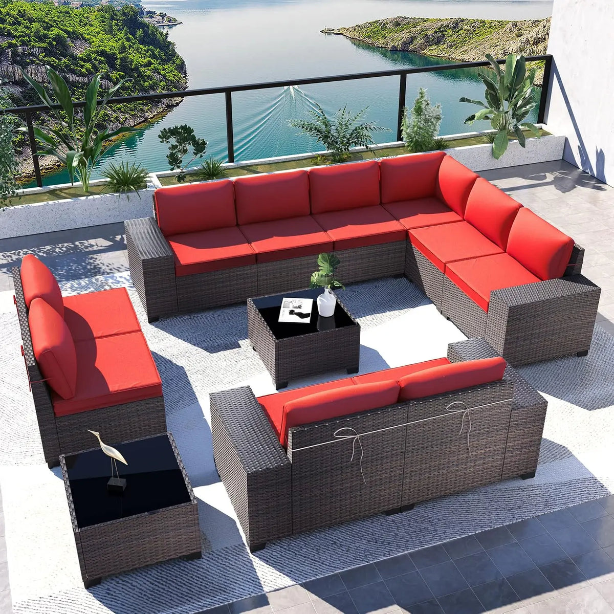 12-Piece Outdoor Wicker Sectional Sofa Set with Coffee Tables